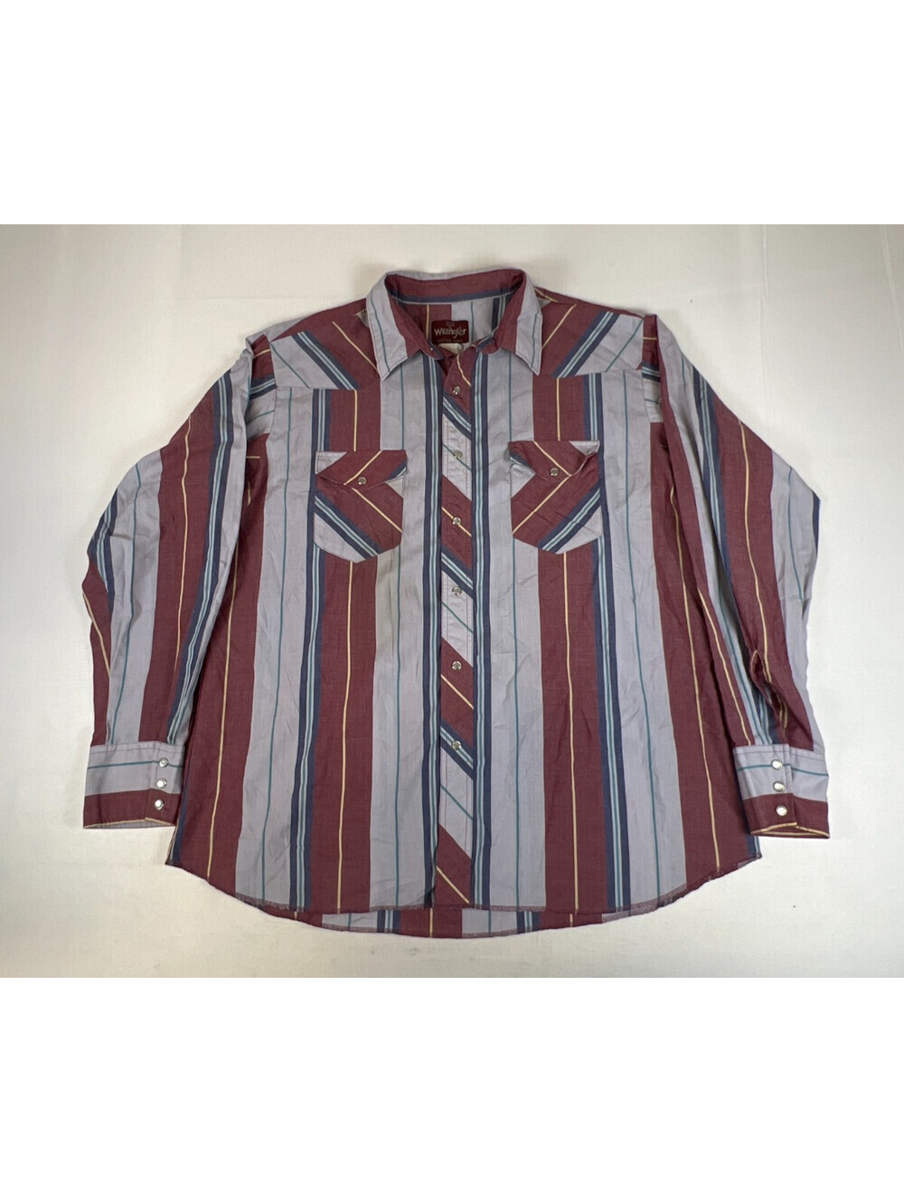 Vintage Wrangler Western Shirt Mens XL Burgundy Blue Striped Long Sleeve